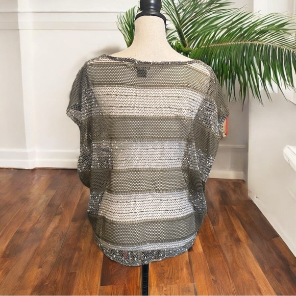 WET SEAL Olive Green Sequin Mesh See-Through Short Sleeve Top – Size Large - Picture 4 of 12
